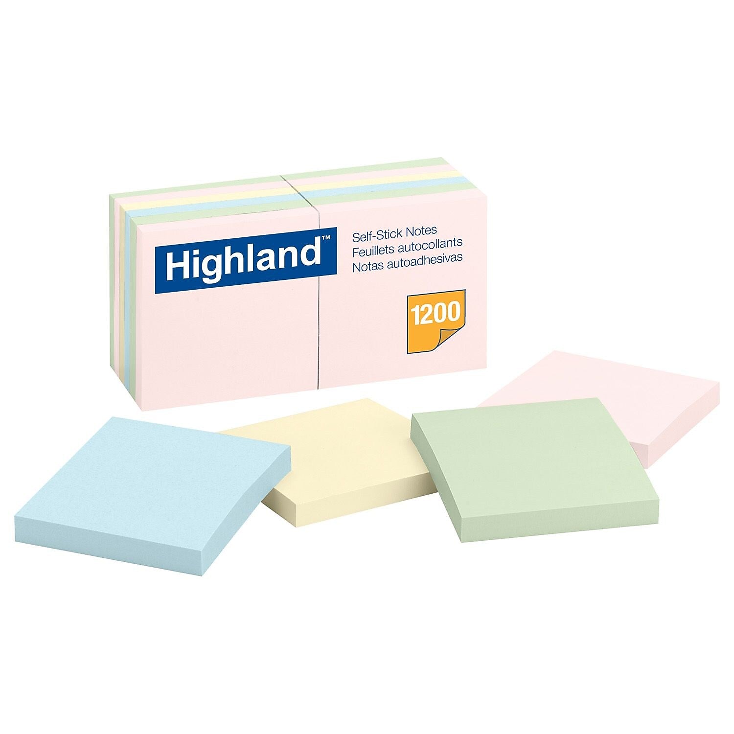 Highland™ Sticky Note Pads, 100 Sheets, Assorted Pastels, 12/Pack (6549A)