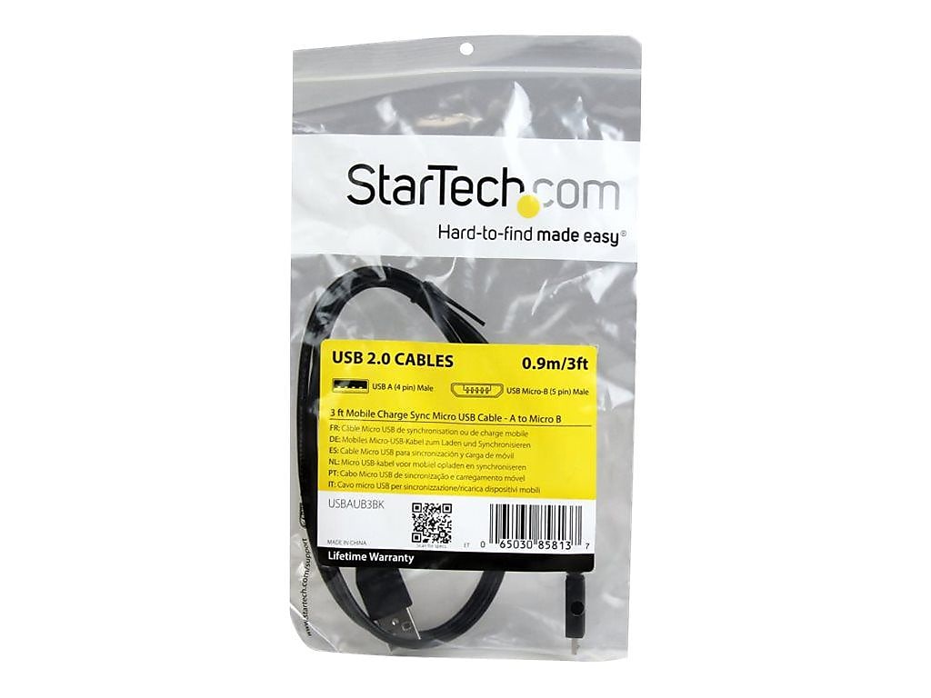 Startech® 3' USB Male/Micro USB Male Cable With Mobile Charge Sync, Black