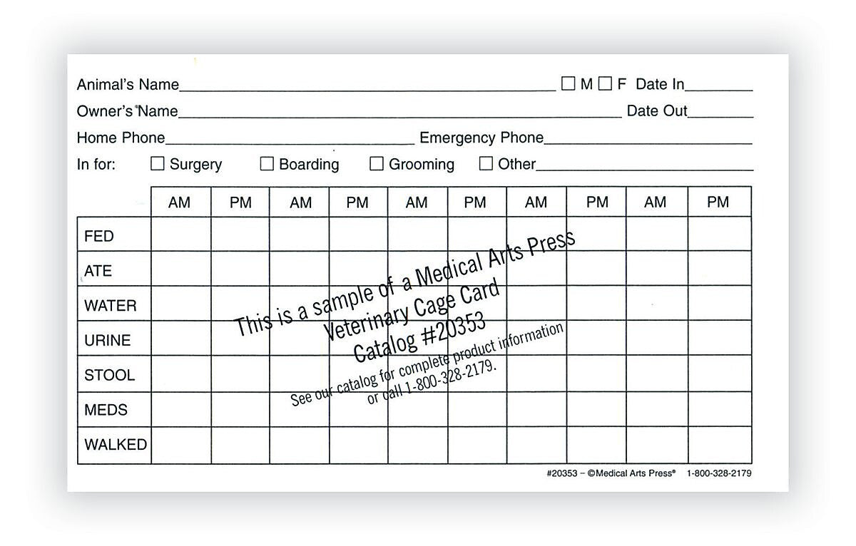 Medical Arts Press Vet Cage Card, Provides a Record of Twice Daily Care, 3 x 5", 250/Pack (20353)