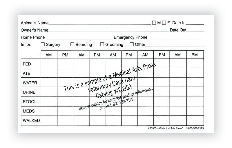 Medical Arts Press Vet Cage Card, Provides a Record of Twice Daily Care, 3 x 5", 250/Pack (20353)