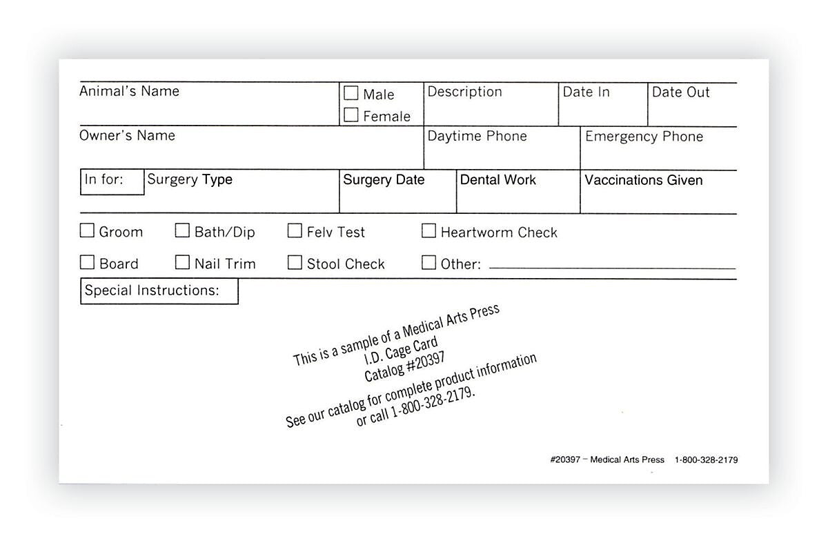 Medical Arts Press Vet Cage Card, Check Off Boxes for a Variety of Services, 3 x 5", 250/Pack (20397)