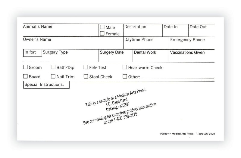 Medical Arts Press Vet Cage Card, Check Off Boxes for a Variety of Services, 3 x 5", 250/Pack (20397)