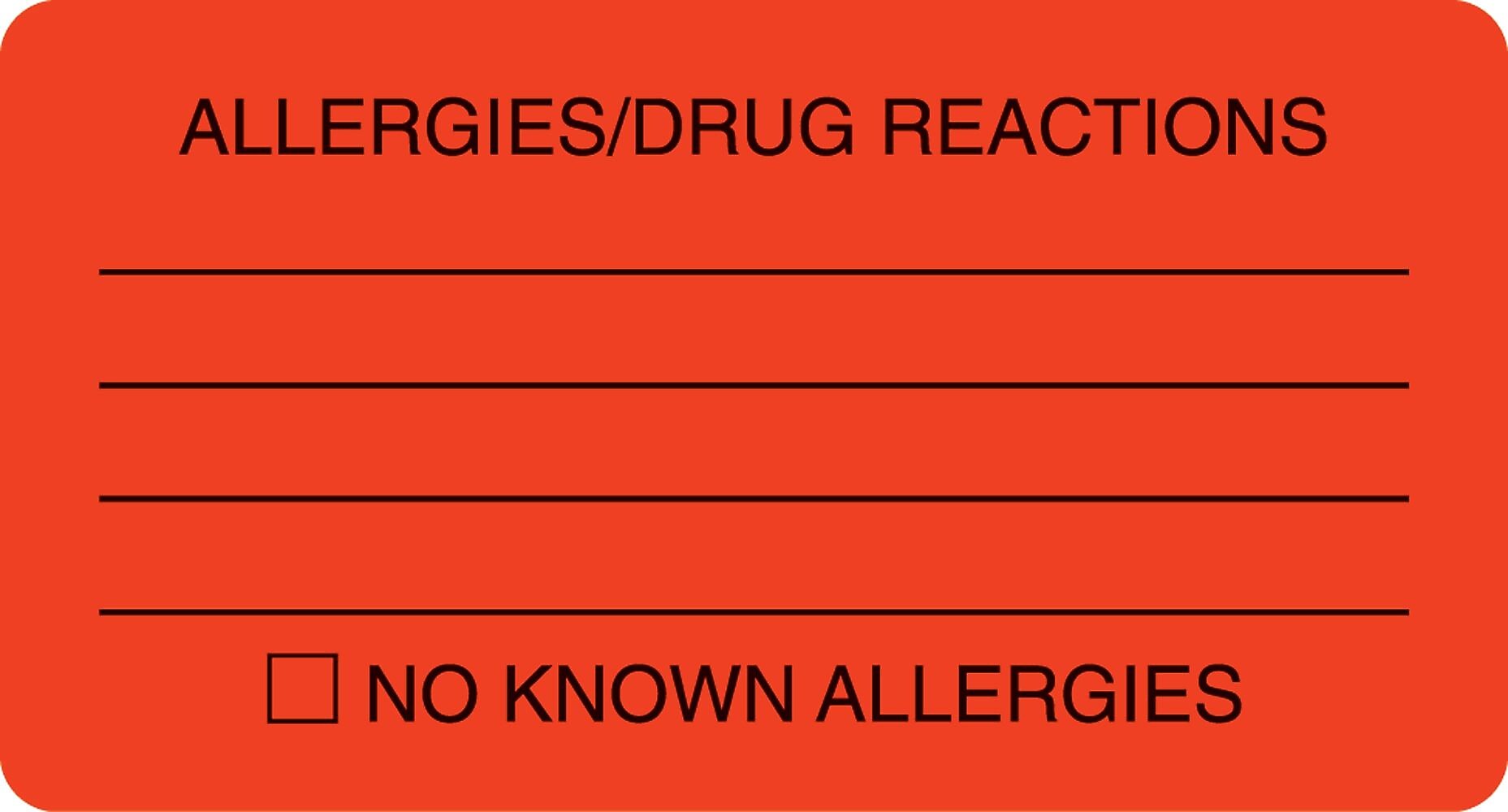 Allergy Warning Medical Labels, Allergies/Drug Reactions, Fluorescent Red, 1-3/4x3-1/4", 500 Labels