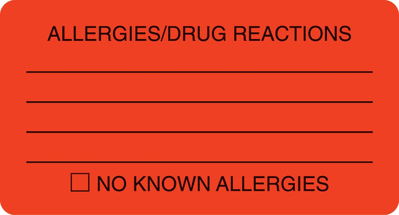 Allergy Warning Medical Labels, Allergies/Drug Reactions, Fluorescent Red, 1-3/4x3-1/4", 500 Labels