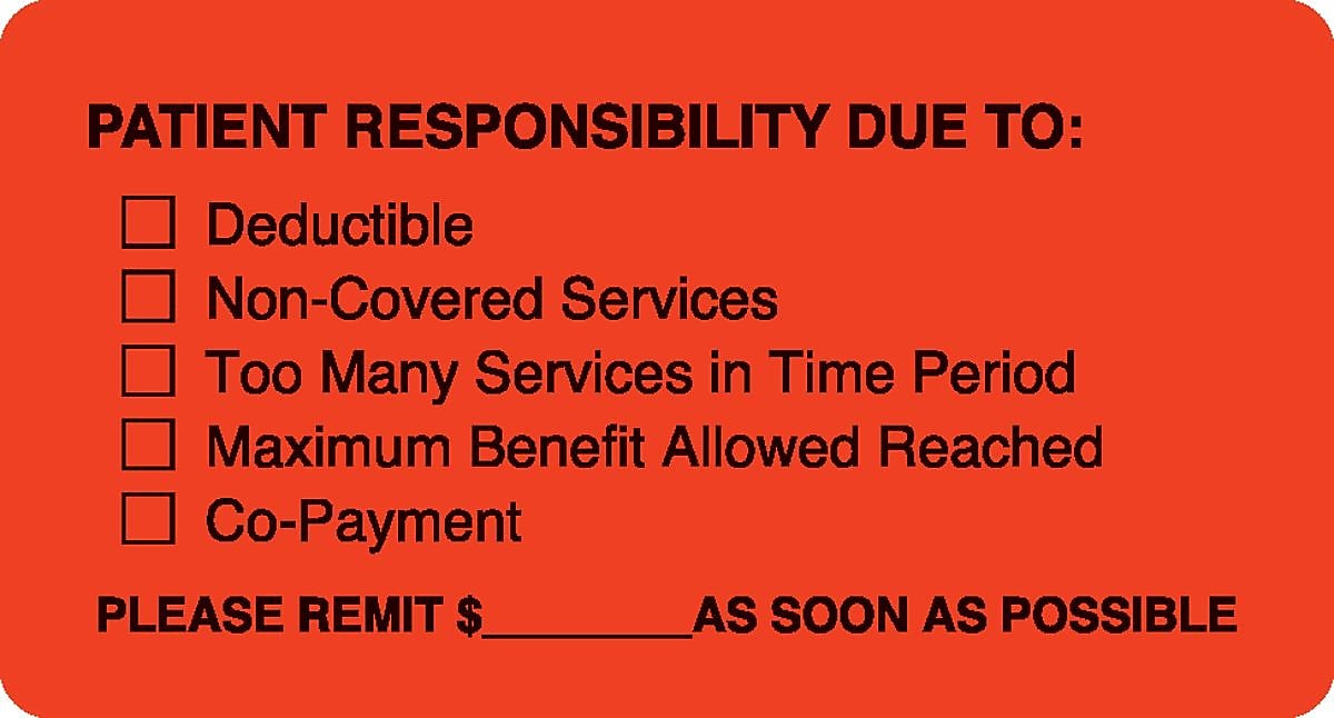 Patient Insurance Labels, Patient Responsibility, Fluorescent Red, 1-3/4x3-1/4", 500 Labels