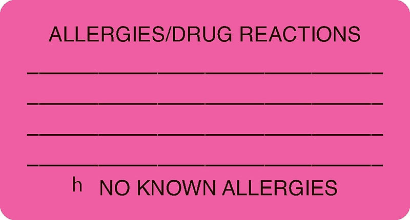Allergy Warning Medical Labels, Allergies/Drug Reactions, Fluorescent Pink, 1-3/4x3-1/4", 500 Lbls
