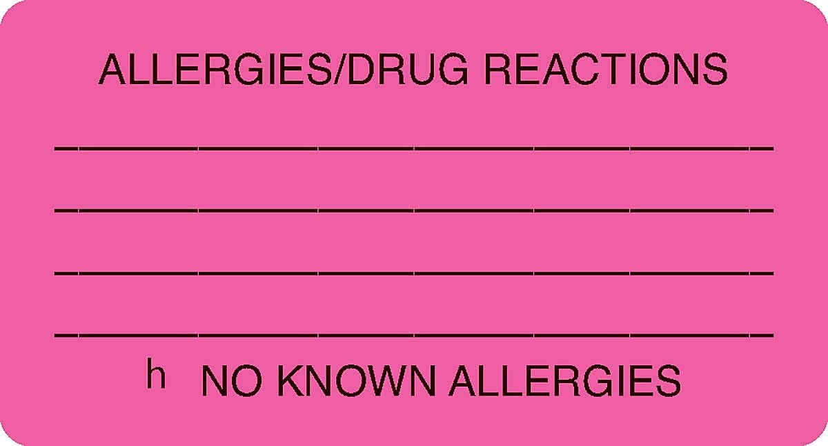 Allergy Warning Medical Labels, Allergies/Drug Reactions, Fluorescent Pink, 1-3/4x3-1/4", 250 Lbls
