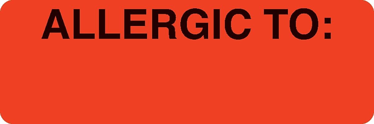 Allergy Warning Medical Labels, Allergic To:, Fluorescent Red, 1x3", 500 Labels
