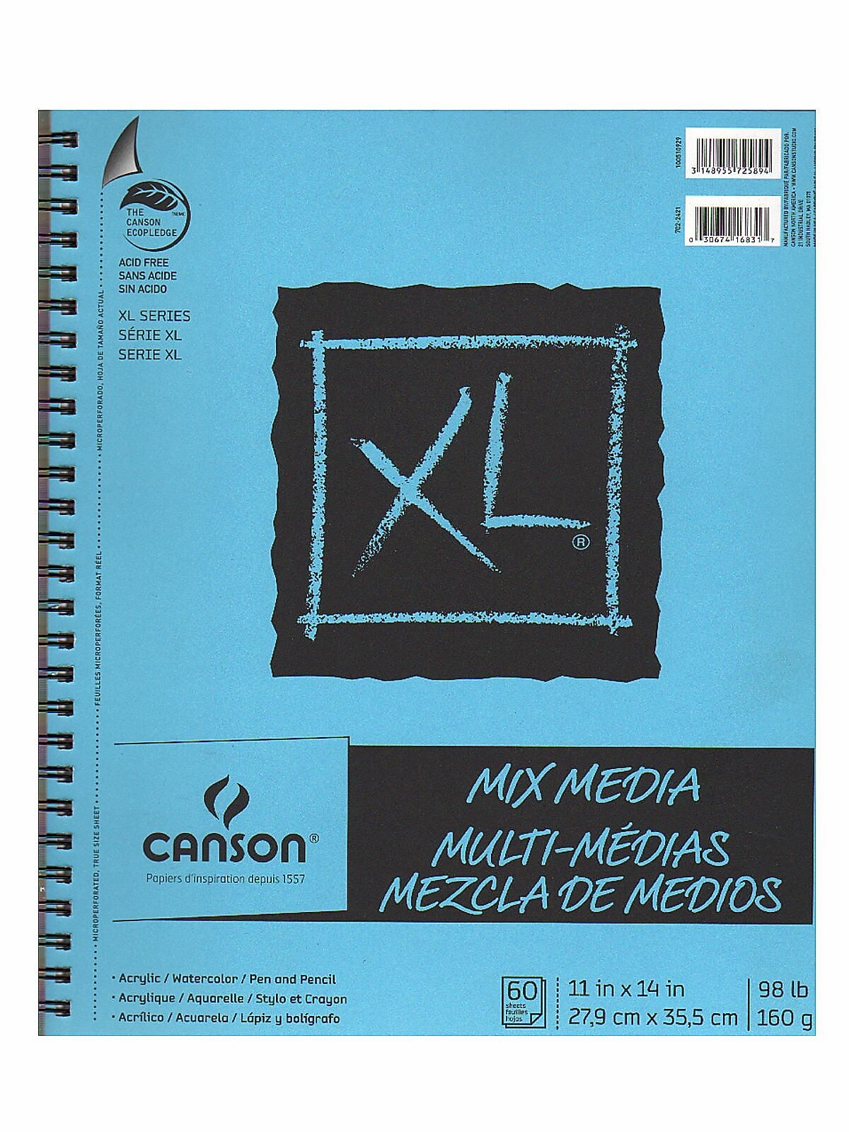 Canson XL 11" x 14" Wire Bound Mixed Media Sketch Pad, 60 Sheets/Pad, 2/Pack (97317-PK2)