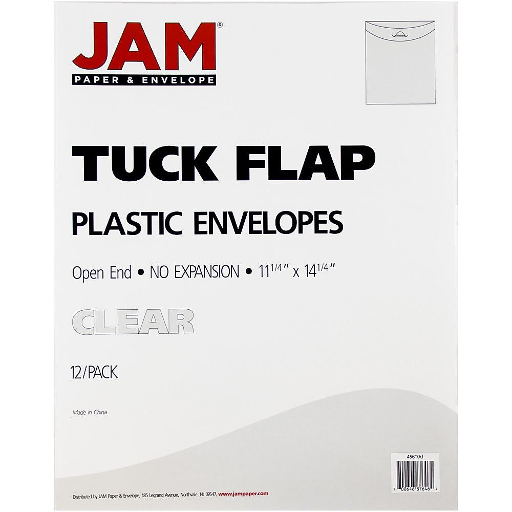 JAM Paper Plastic Envelopes with Tuck Flap Closure, Open End, 11 x 14, Clear, 12/Pack (1541749)