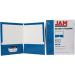 JAM Paper Laminated 2-Pocket Glossy Presentation Folders, Blue, 25/Pack (385GBUD)
