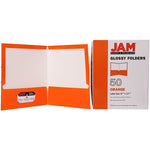JAM Paper Laminated 2-Pocket Glossy Presentation Folders, Orange, 25/Pack (385GORD)