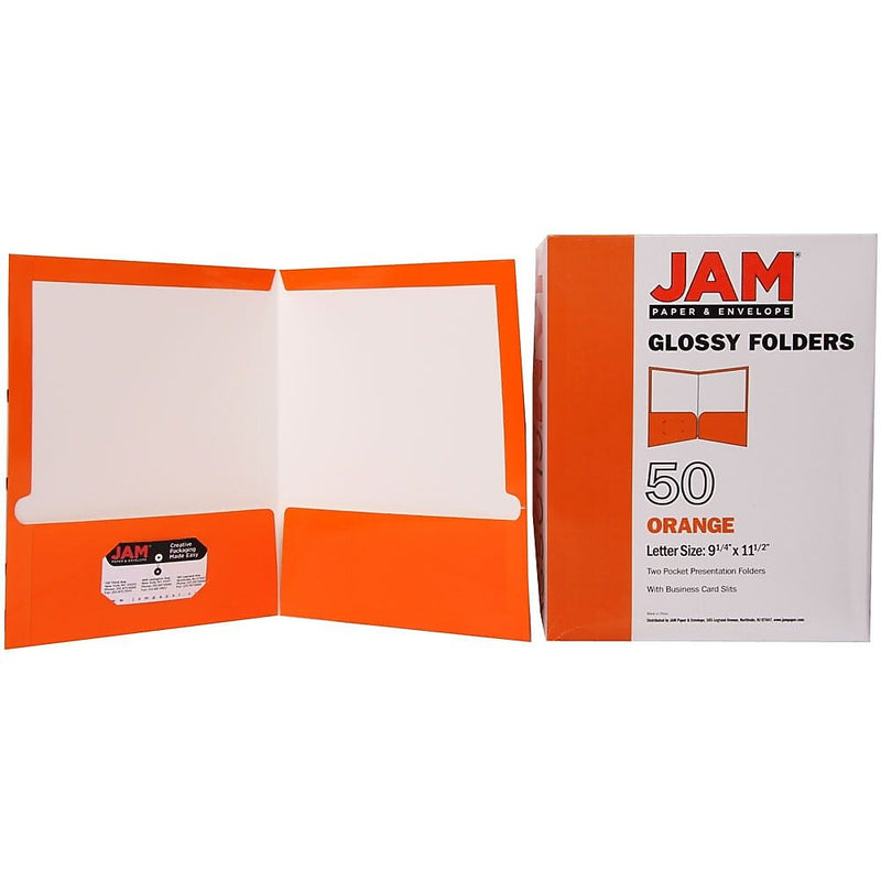 JAM Paper Laminated 2-Pocket Glossy Presentation Folders, Orange, 25/Pack (385GORD)