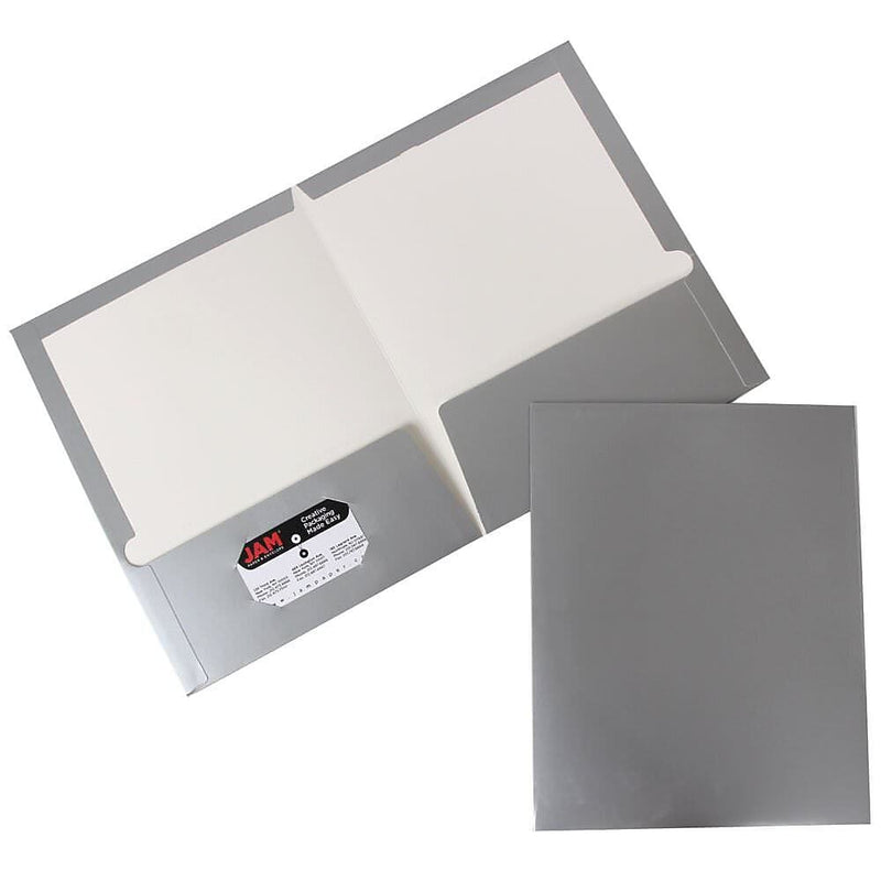 JAM Paper Laminated 2-Pocket Glossy Presentation Folders, Silver, 25/Pack (385GSID)