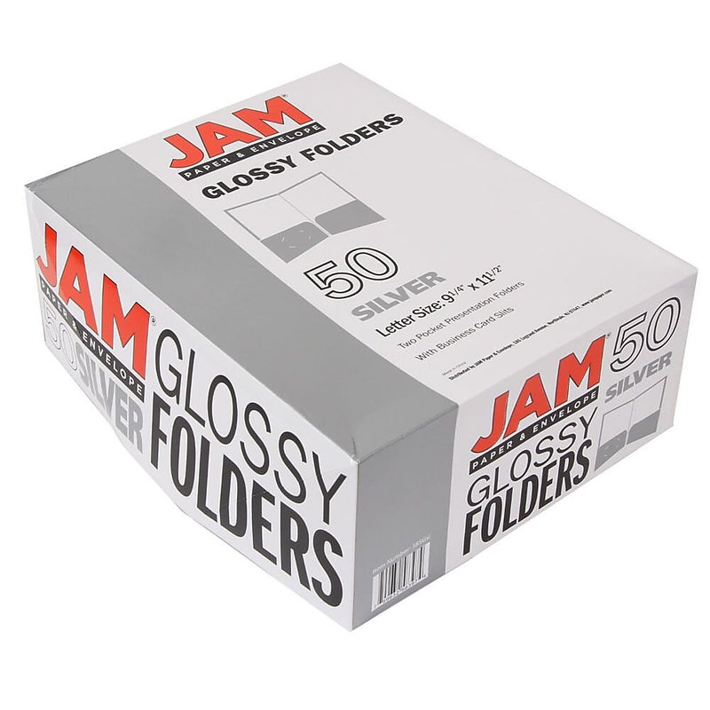 JAM Paper Laminated 2-Pocket Glossy Presentation Folders, Silver, 25/Pack (385GSID)