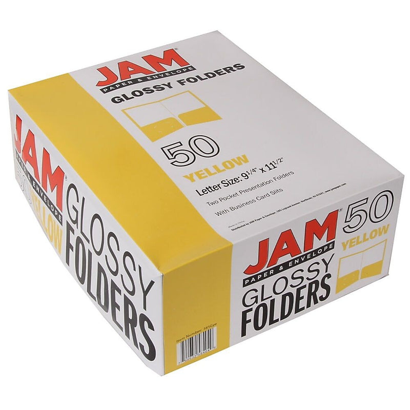 JAM Paper Laminated 2-Pocket Glossy Presentation Folders, Yellow, 25/Pack (385GYED)