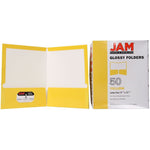 JAM Paper Laminated 2-Pocket Glossy Presentation Folders, Yellow, 25/Pack (385GYED)