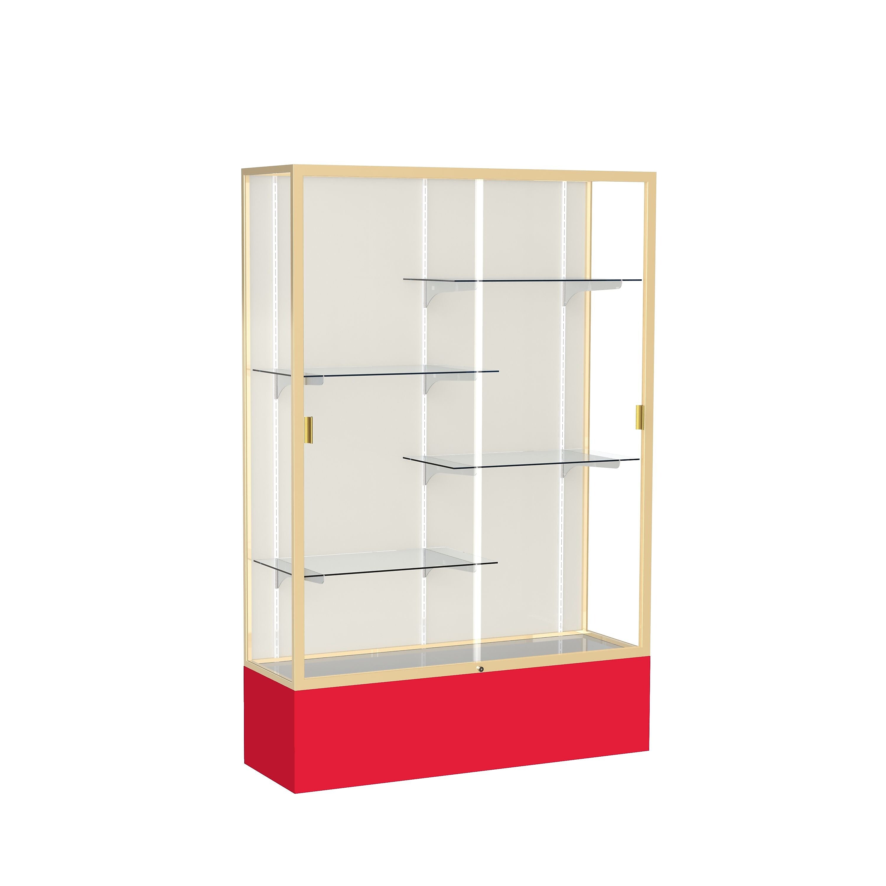 Ghent Spirit 48"W x 72"H x 16"D Floor Case, Plaque Back, Champagne Finish, Red Base