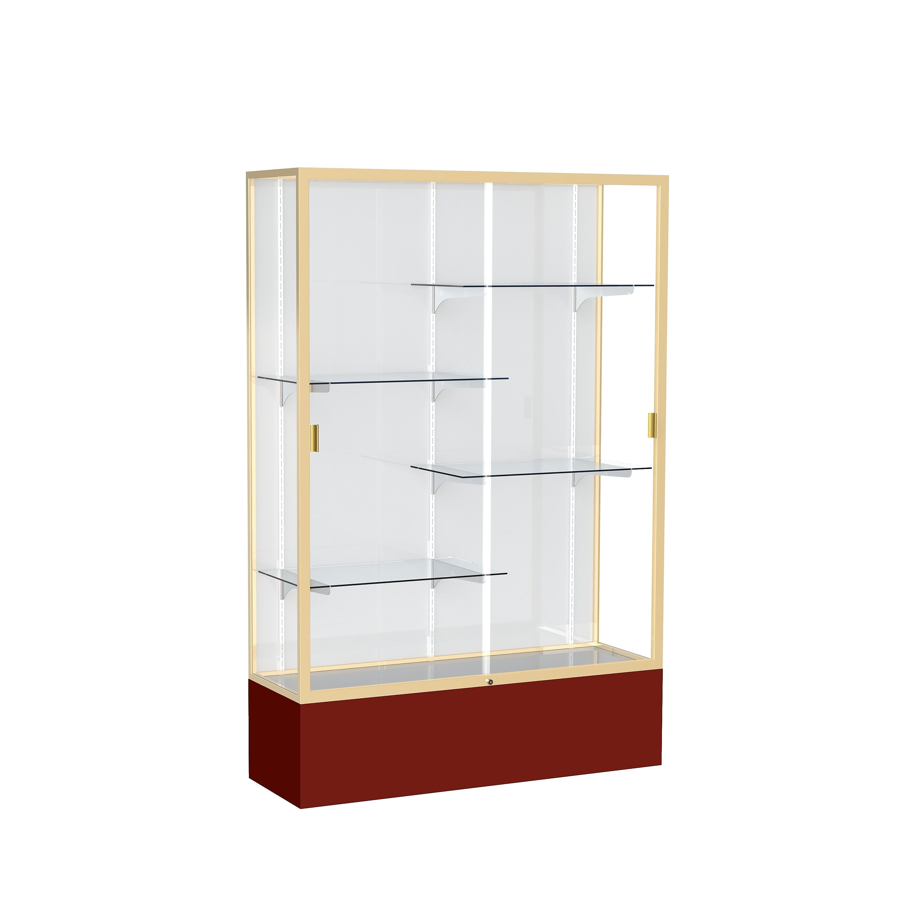 Ghent Spirit 48"W x 72"H x 16"D Floor Case, White Back, Champagne Finish, Maroon Base