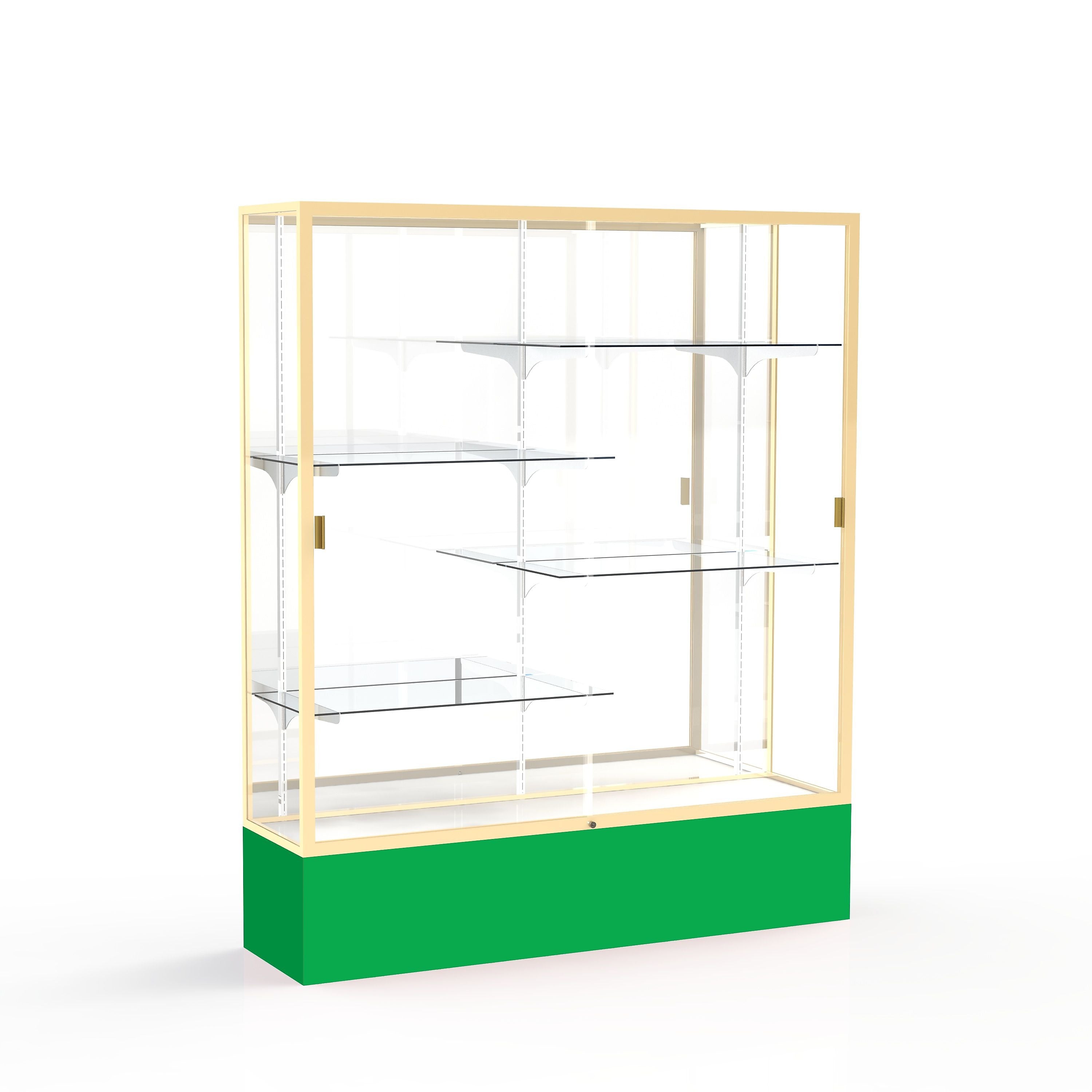 Ghent Spirit 60"W x 72"H x 16"D Floor Case, Mirror Back, Champagne Finish, Kelly Green Base
