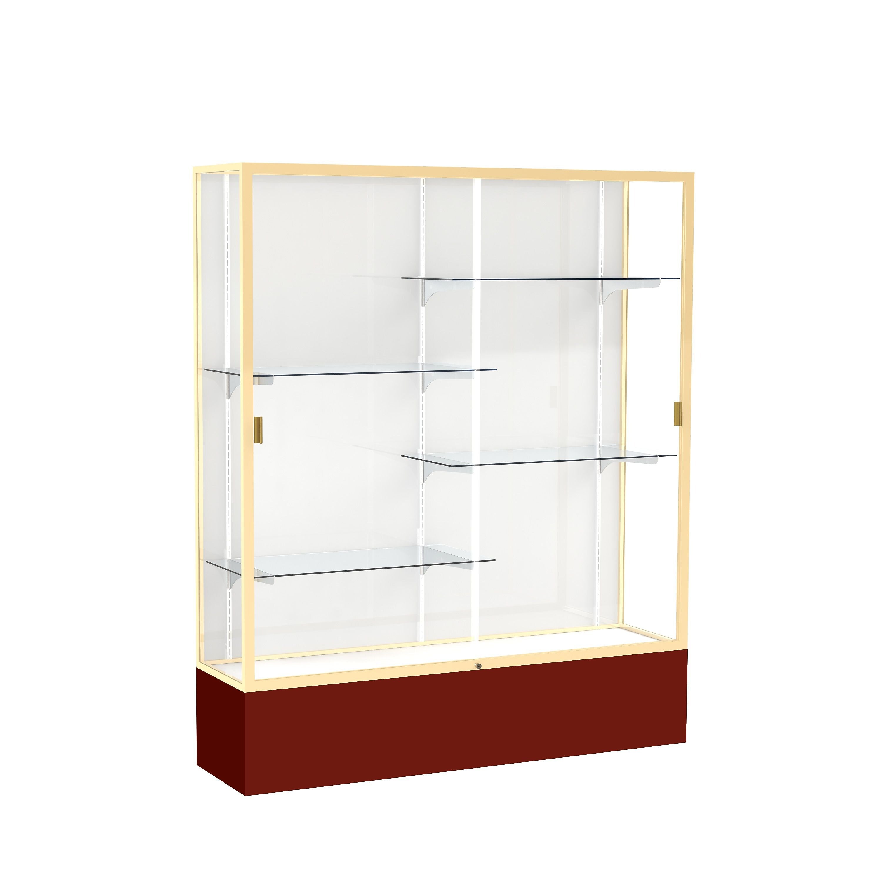 Ghent Spirit 60"W x 72"H x 16"D Floor Case, White Back, Champagne Finish, Maroon Base