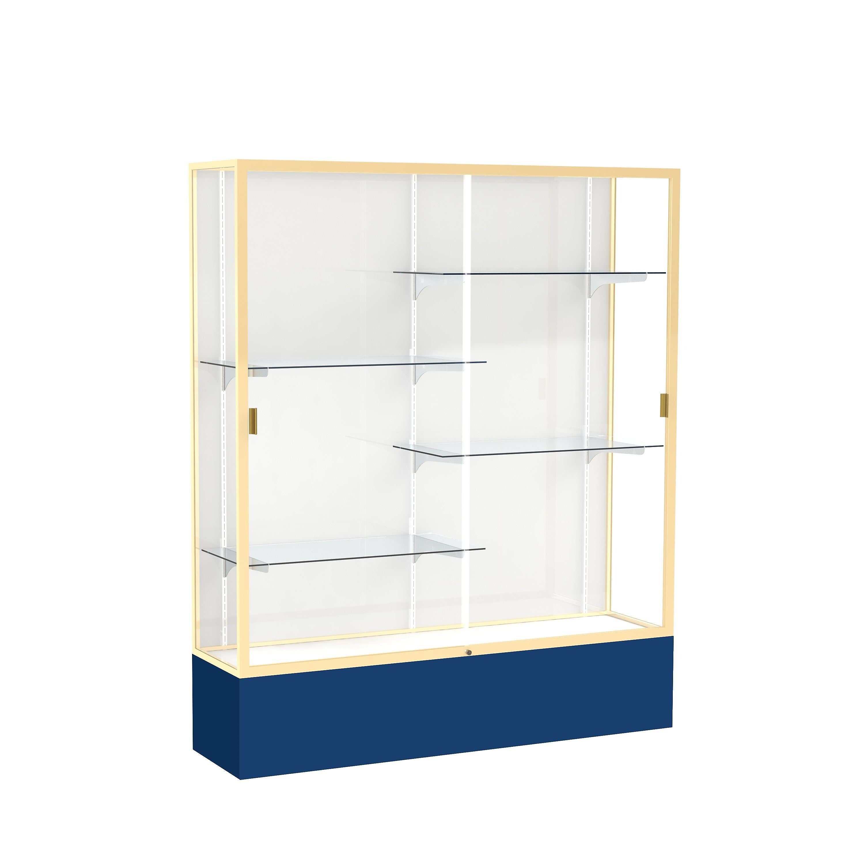 Ghent Spirit 60"W x 72"H x 16"D Floor Case, White Back, Champagne Finish, Navy Base