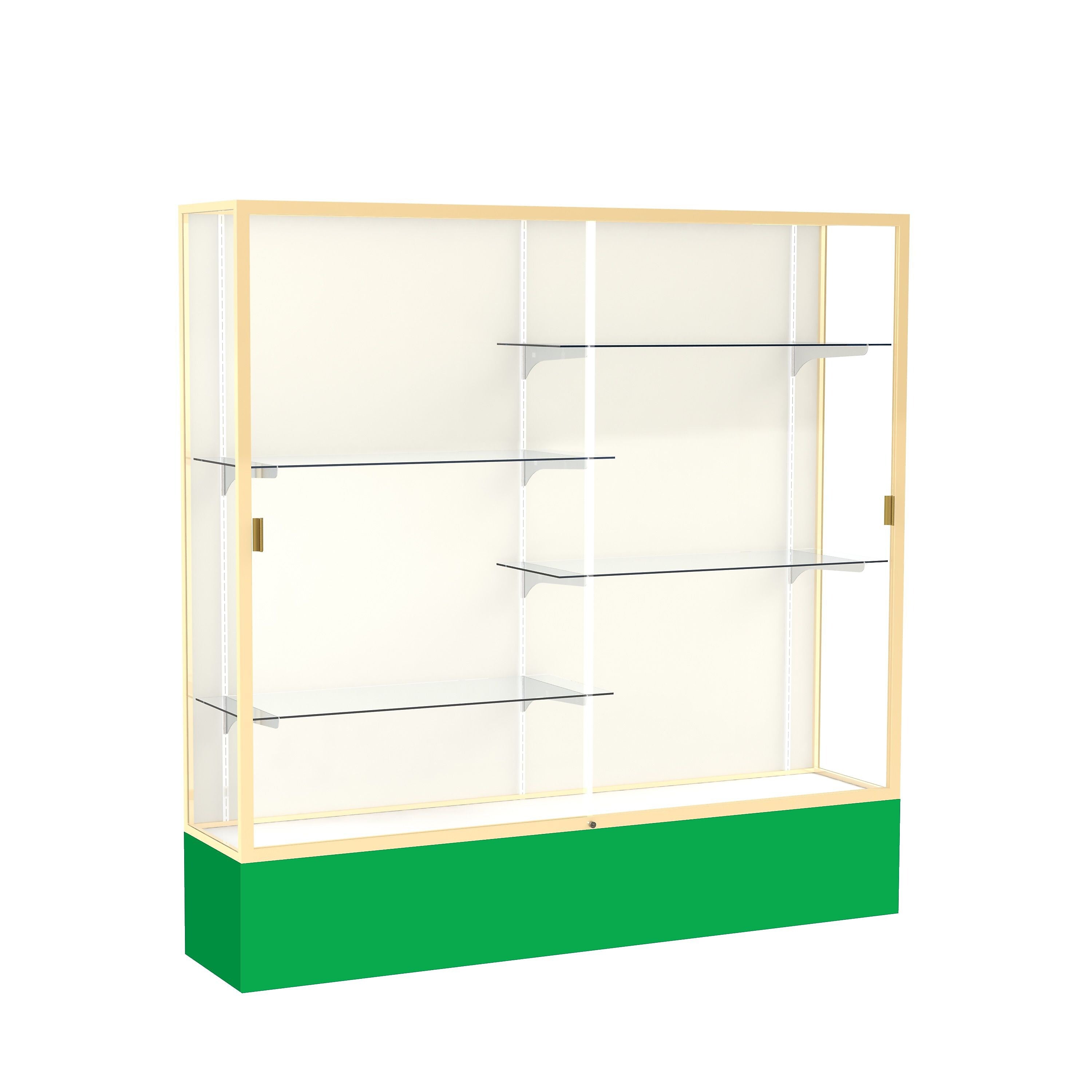 Ghent Spirit 72"W x 72"H x 16"D Floor Case, Plaque Back, Champagne Finish, Kelly Green Base