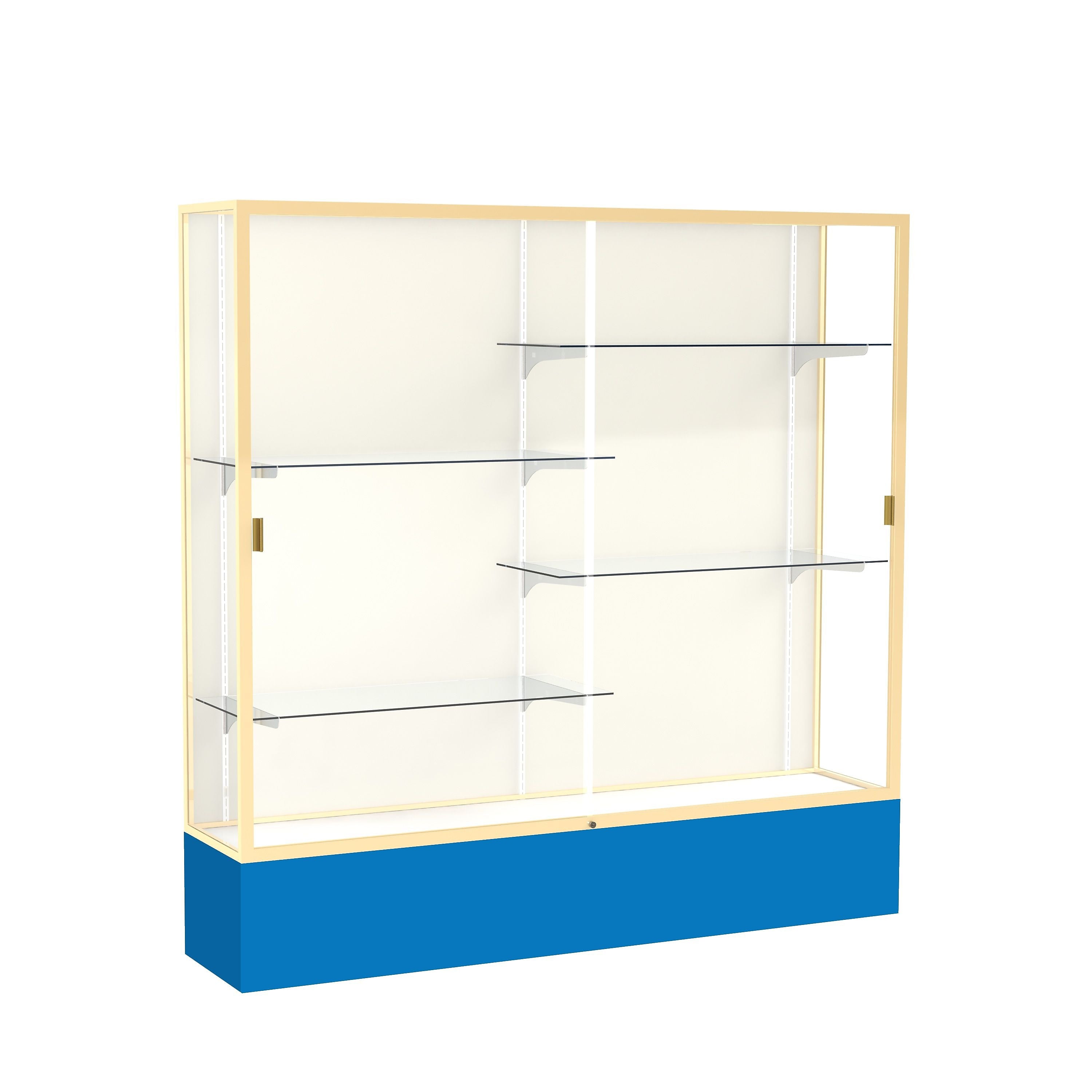 Ghent Spirit 72"W x 72"H x 16"D Floor Case, Plaque Back, Champagne Finish, Royal Blue Base