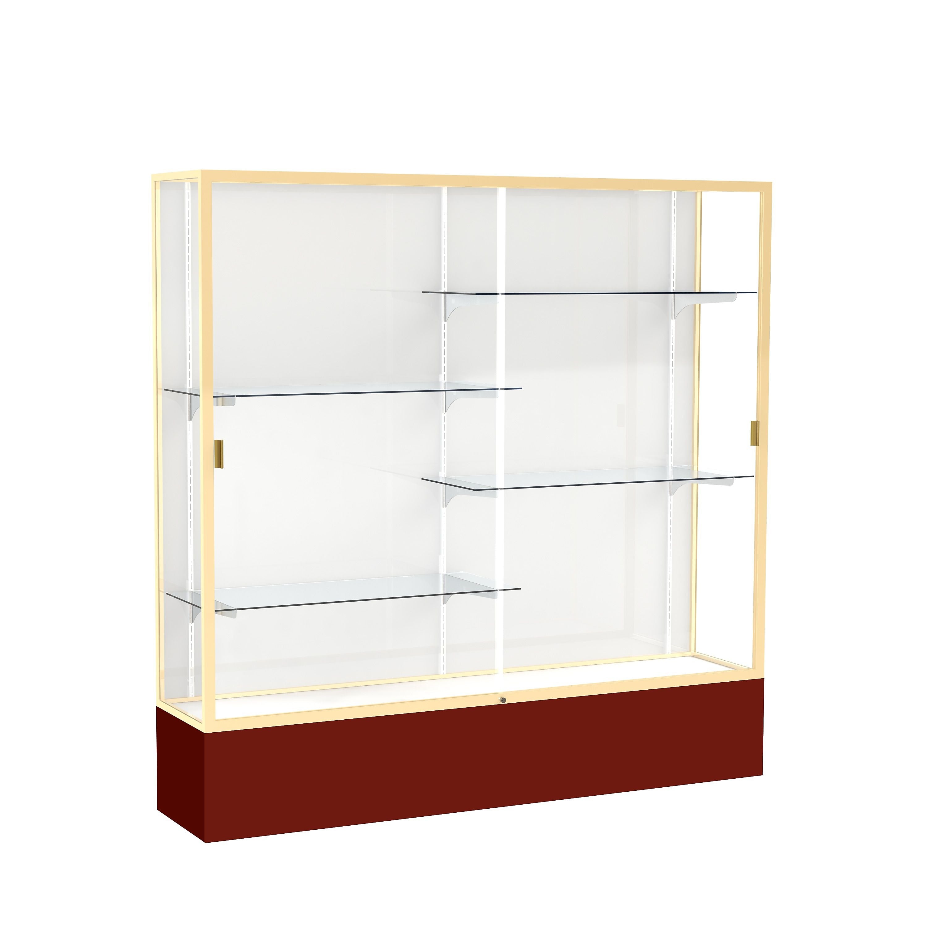 Ghent Spirit 72"W x 72"H x 16"D Floor Case, White Back, Champagne Finish, Maroon Base