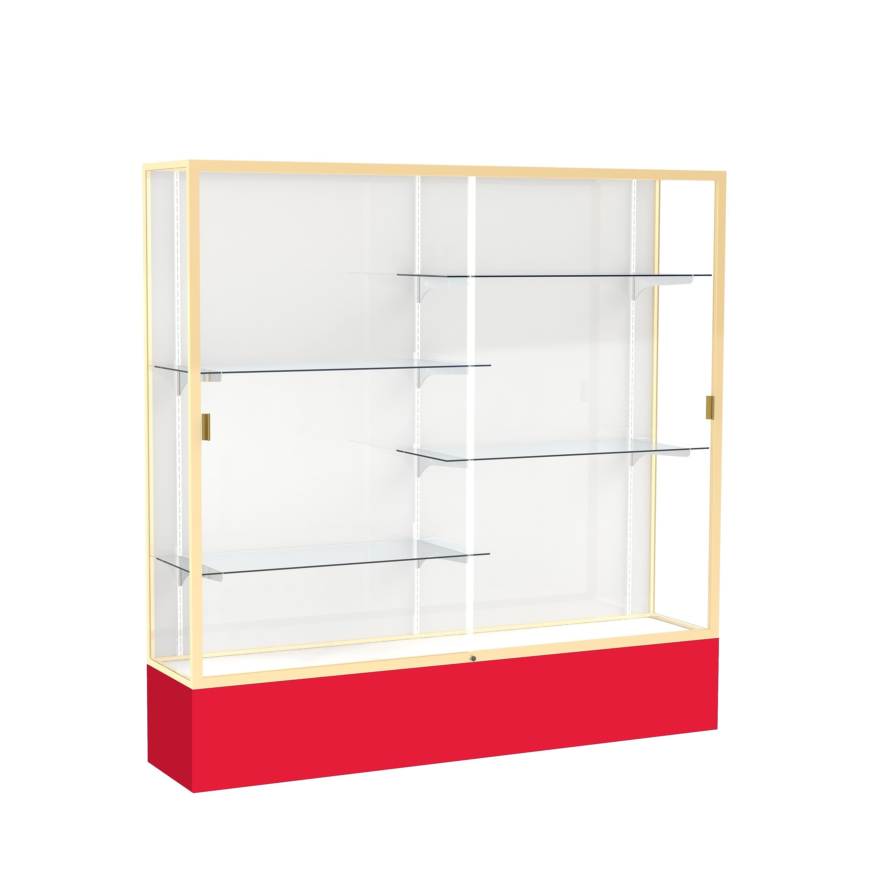 Ghent Spirit 72"W x 72"H x 16"D Floor Case, White Back, Champagne Finish, Red Base
