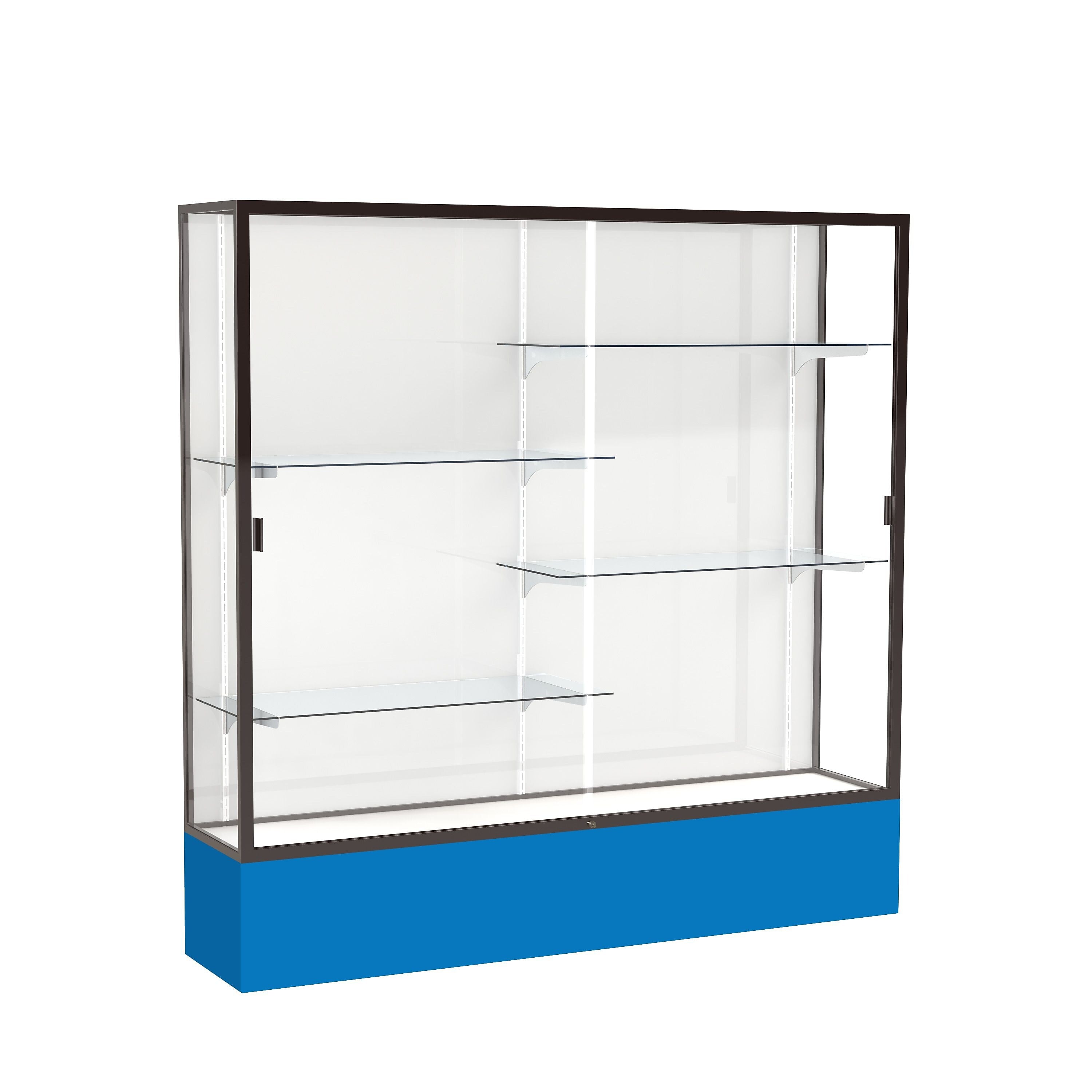 Ghent Spirit 72"W x 72"H x 16"D Floor Case, White Back, Dk. Bronze Finish, Royal Blue Base