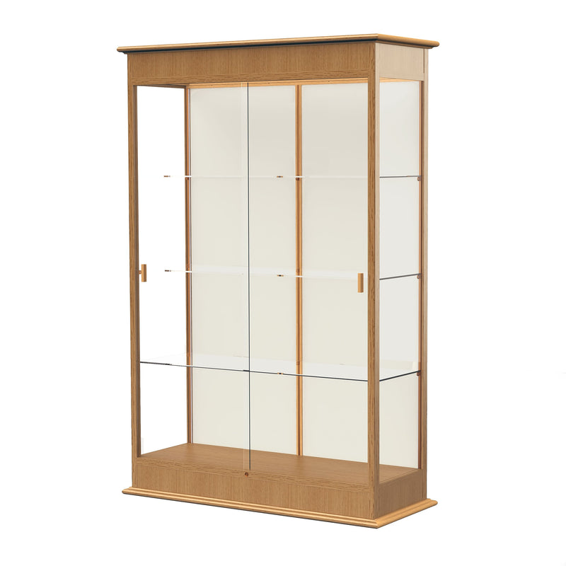 Ghent Varsity 48"W x 77"H x 18"D Lighted Floor Case, Sliding Doors, Plaque Back, Autumn Oak Finish
