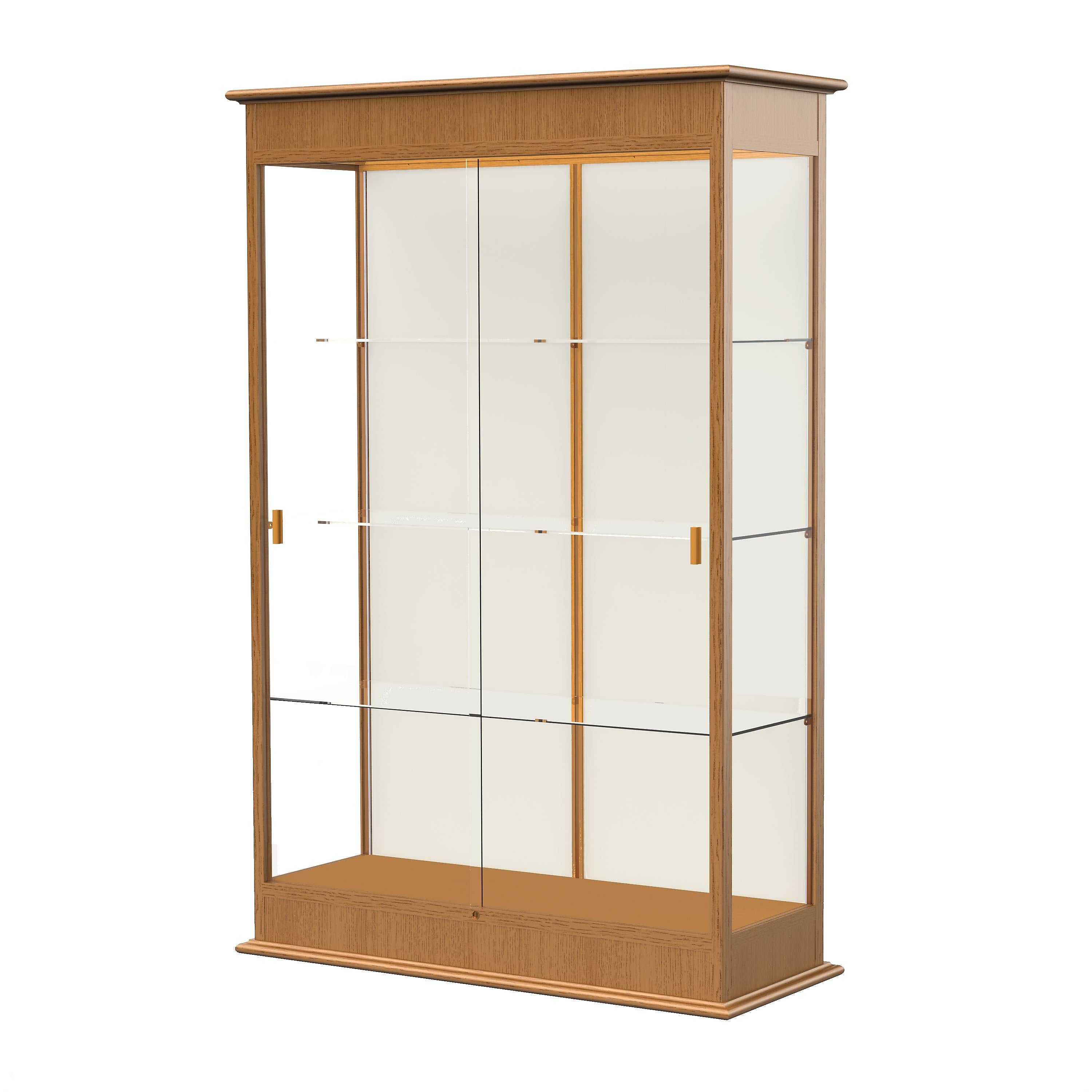 Ghent Varsity 48"W x 77"H x 18"D Lighted Floor Case, Sliding Doors, Plaque Back, Carmel Oak Finish