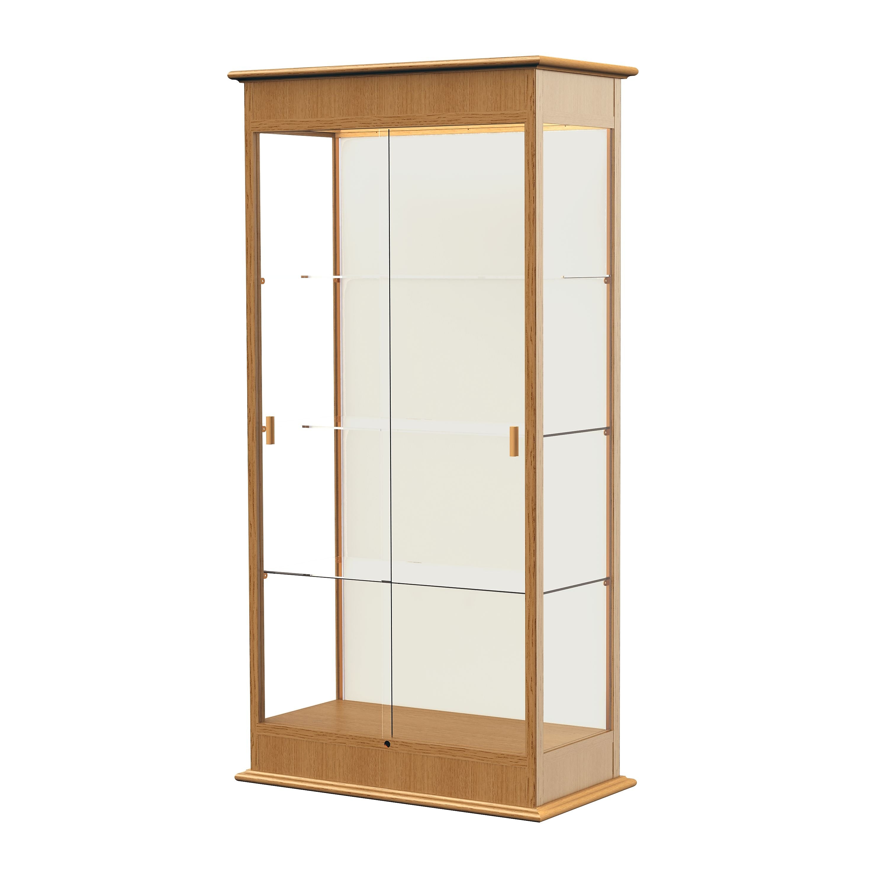 Ghent Varsity 36"W x 77"H x 18"D Lighted Floor Case, Sliding Doors, Plaque Back, Autumn Oak Finish
