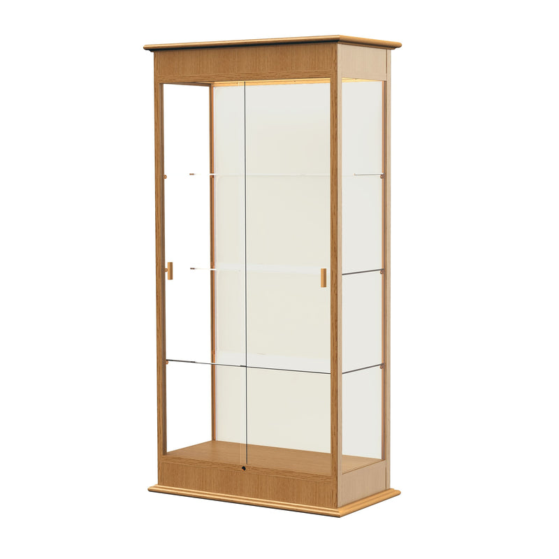 Ghent Varsity 36"W x 77"H x 18"D Lighted Floor Case, Sliding Doors, Plaque Back, Autumn Oak Finish