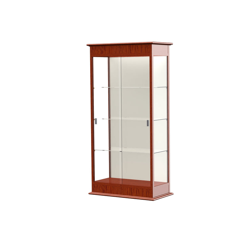 Ghent Varsity 36"W x 77"H x 18"D Lighted Floor Case, Sliding Doors, Plaque Back, Cherry Oak Finish