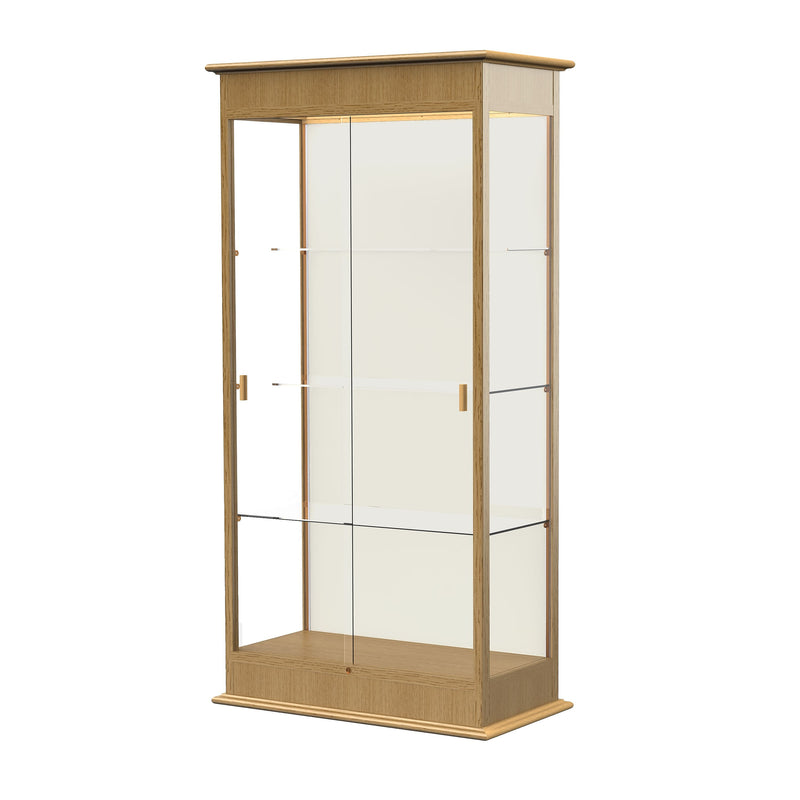 Ghent Varsity 36"W x 77"H x 18"D Lighted Floor Case, Sliding Doors, Plaque Back, Carmel Oak Finish