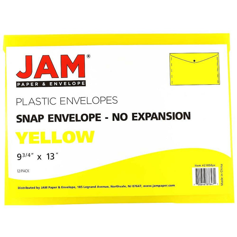 JAM Paper® Plastic Envelopes with Snap Closure, Letter Booklet, 9.75 x 13, Yellow, 12/Pack (218S0YE)