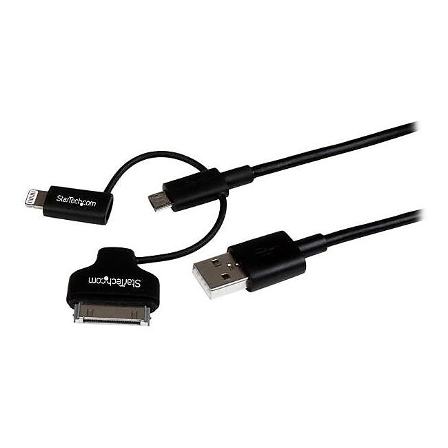 StarTech 3.3' Lightning/30-Pin Dock/Micro USB to USB Male to Male Cable, Black (LTADUB1MB)