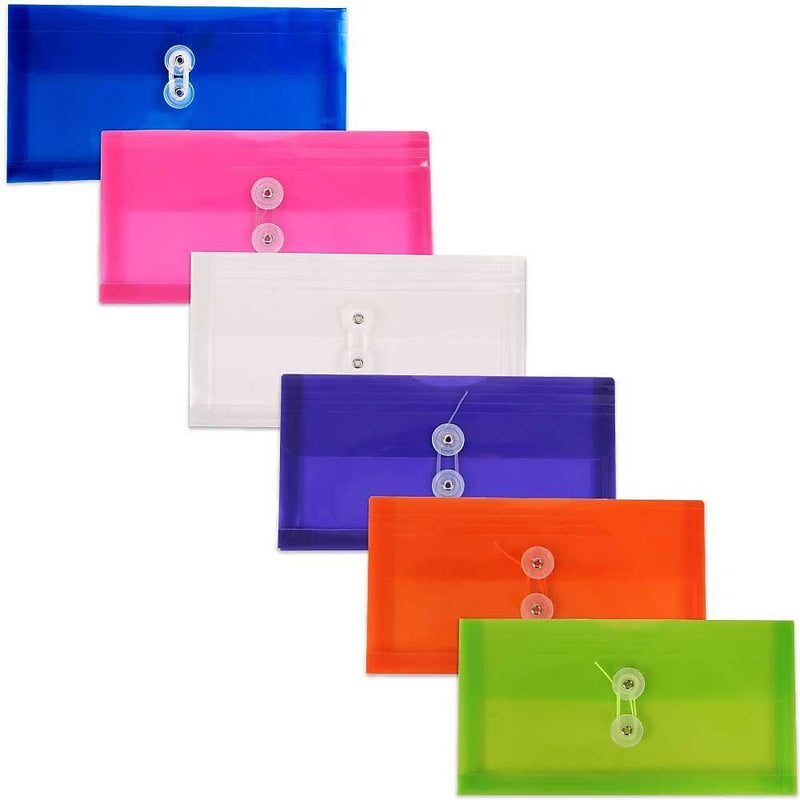 JAM Paper® Plastic Envelopes with Button and String, #10 Business Booklet, 5.25 x 10, Assorted Colors, 6/Pack (921B1ASSRTD)
