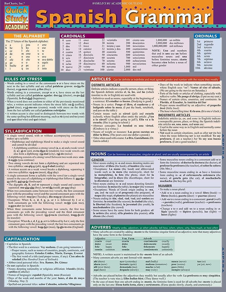 QuickStudy Spanish Vocabulary Nonmagnetic Charts,  8.5" x 11", 3/Pack (9781423231479)