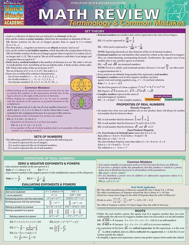 QuickStudy Math Review Nonmagnetic Charts, 8.5" x 11", 4/Pack (9781423230304)