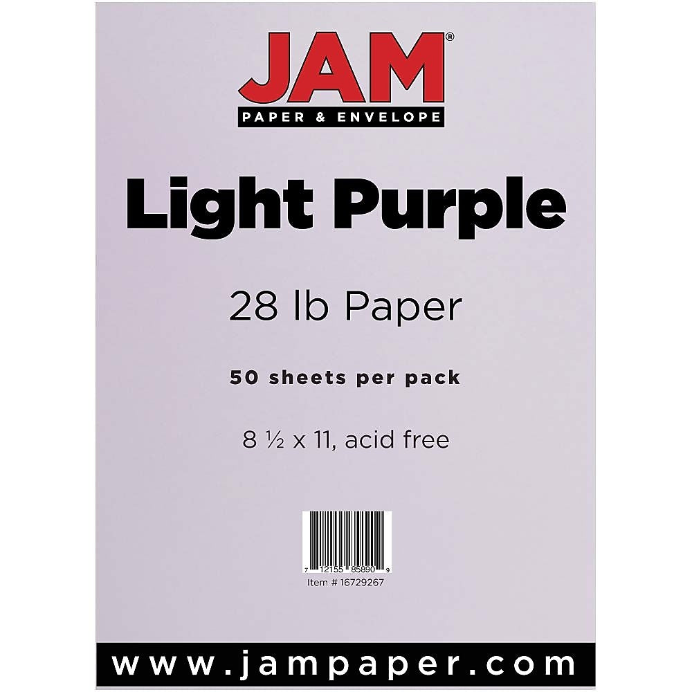 JAM Paper Matte 8.5" x 11" Color Copy Paper, 28 lbs., Light Purple, 50 Sheets/Pack (16729267)