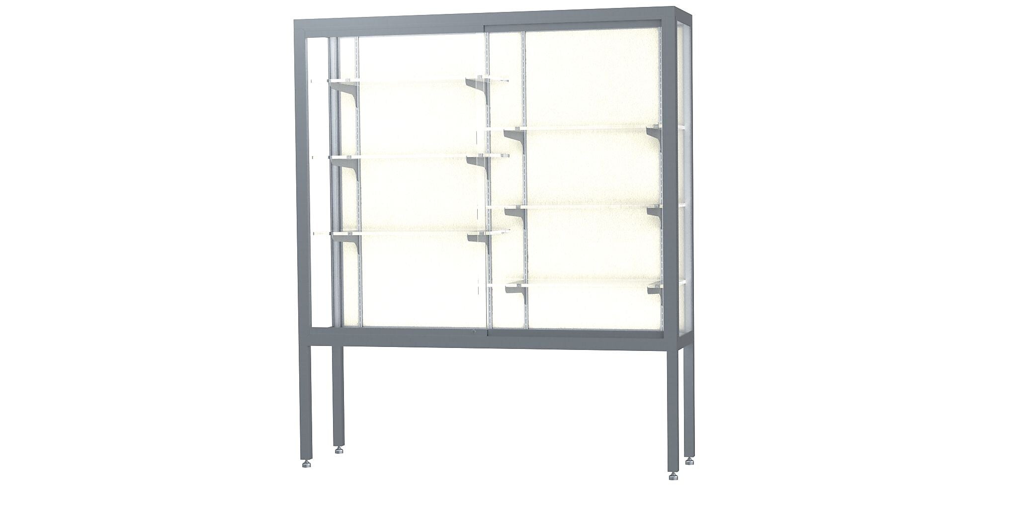 Ghent Challenger 60"W x 66"H x 16"D Floor Case, Plaque Back, Satin Natural Finish, Aluminum Legs