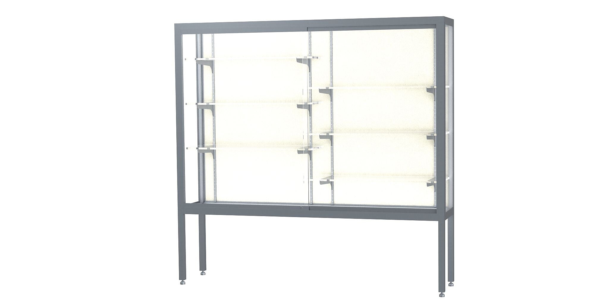 Ghent Challenger 72"W x 66"H x 16"D Floor Case, Plaque Back, Satin Natural Finish, Aluminum Legs
