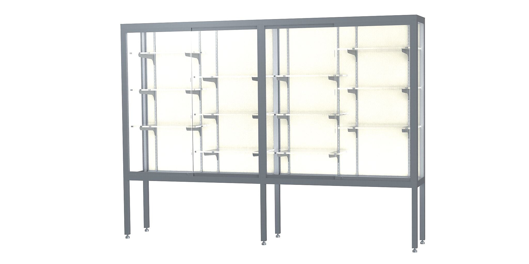 Ghent Challenger 96"W x 66"H x 16"D Floor Case, Plaque Back, Satin Natural Finish, Aluminum Legs