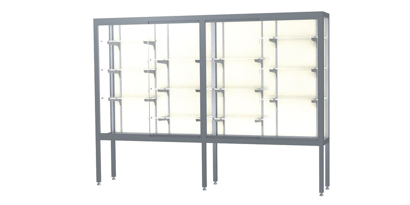 Ghent Challenger 96"W x 66"H x 16"D Floor Case, Plaque Back, Satin Natural Finish, Aluminum Legs