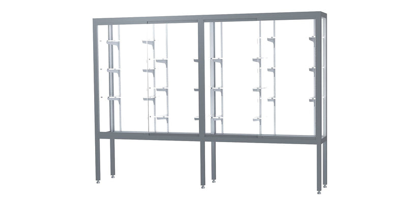 Ghent Challenger 96"W x 66"H x 16"D Floor Case, White Back, Satin Natural Finish, Aluminum Legs