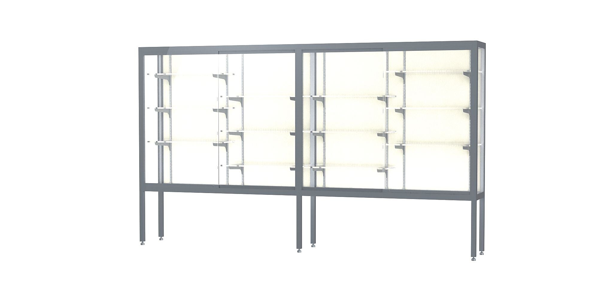 Ghent Challenger 120"W x 66"H x 16"D Floor Case, Plaque Back, Satin Natural Finish, Aluminum Legs