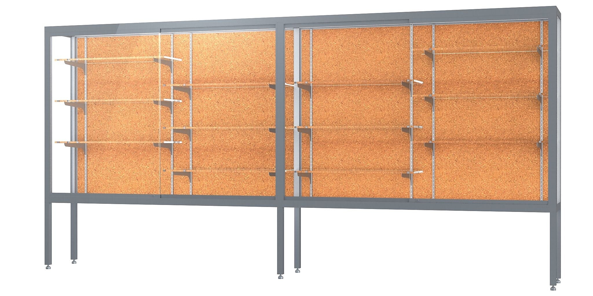 Ghent Challenger 144"W x 66"H x 16"D Floor Case, Cork Back, Satin Natural Finish, Aluminum Legs
